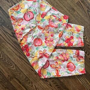 White pink yellow high-waisted fruit print capri vintage Talbots pants trousers